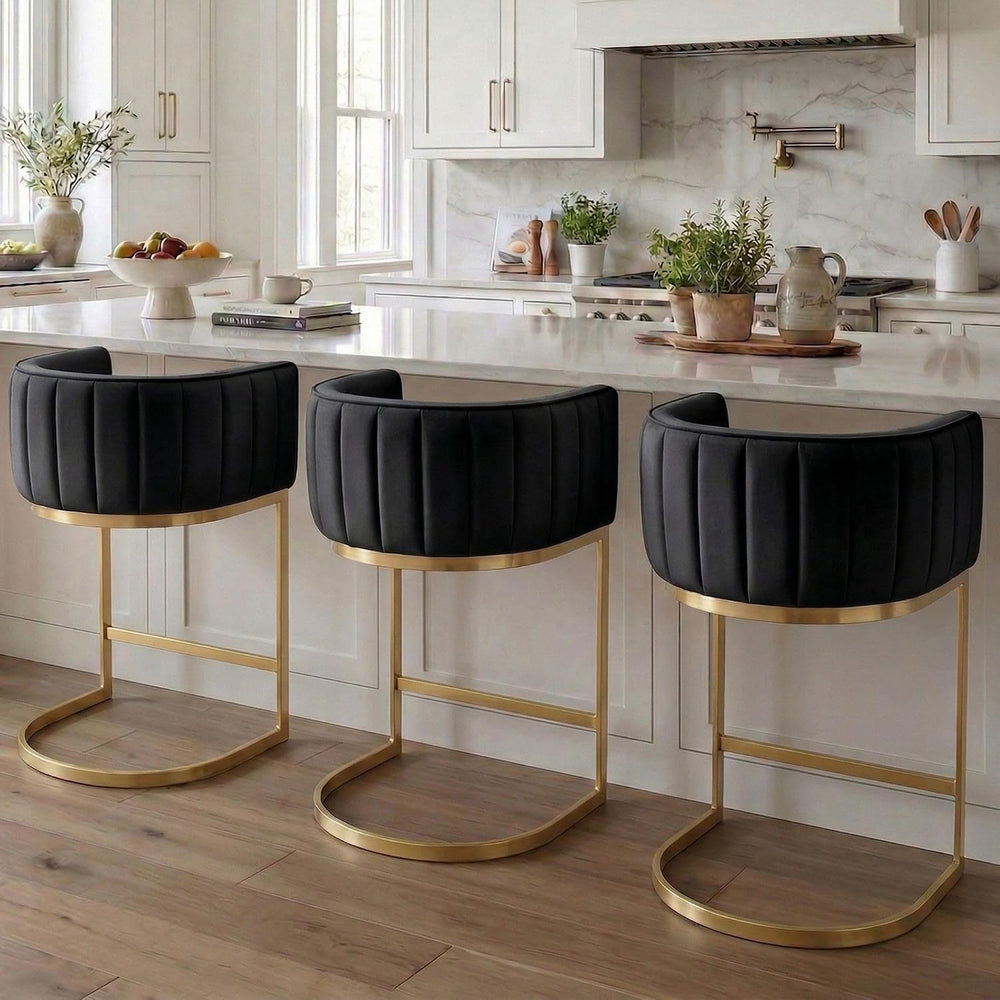 Hyfirm Set of 3 Black Velvet Counter Height Bar Stools Gold Base