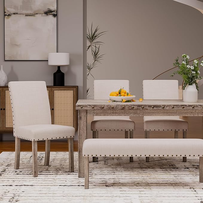 Morden Fort Dining Table Set for 6, Farmhouse Wooden Table & Upholstered Bench & 4 Dining Chairs, Kitchen Dining Set with Nailhead Accents, Rectangular Table Sets for 6 for Kitchen/Dining Room