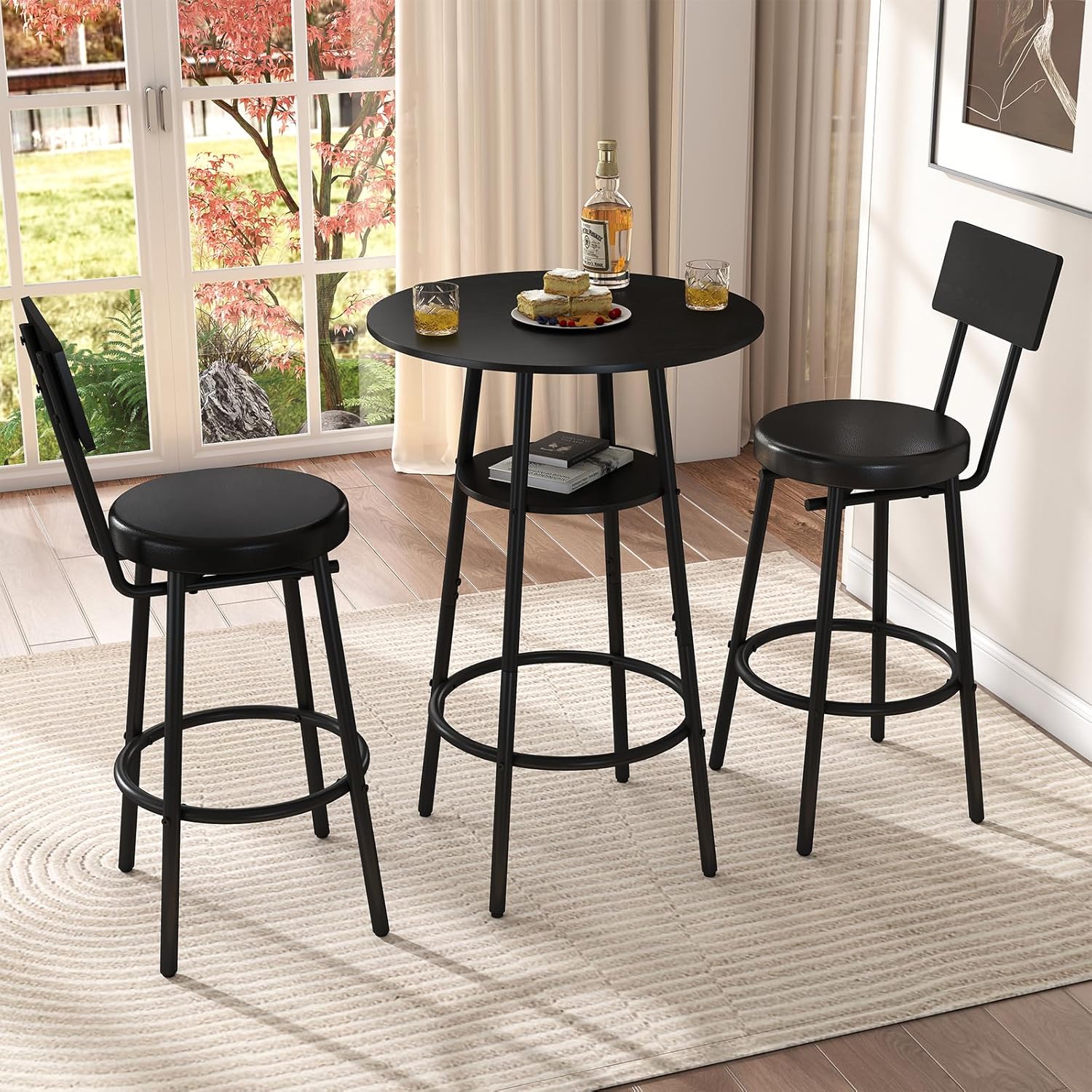 Zevemomo 3 Pieces Bar Table and Chairs Set Pub Table and Chairs for 2-Black | Bistro Table and Chairs Set of 2, Round Bar Table Set with 2 Thickened Cushion Stools & Backrest, Dining Table set for 2