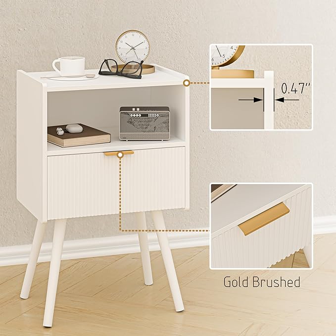 White Nightstand,Modern Bedside Table with Storage Drawer and Open Wood Shelf...