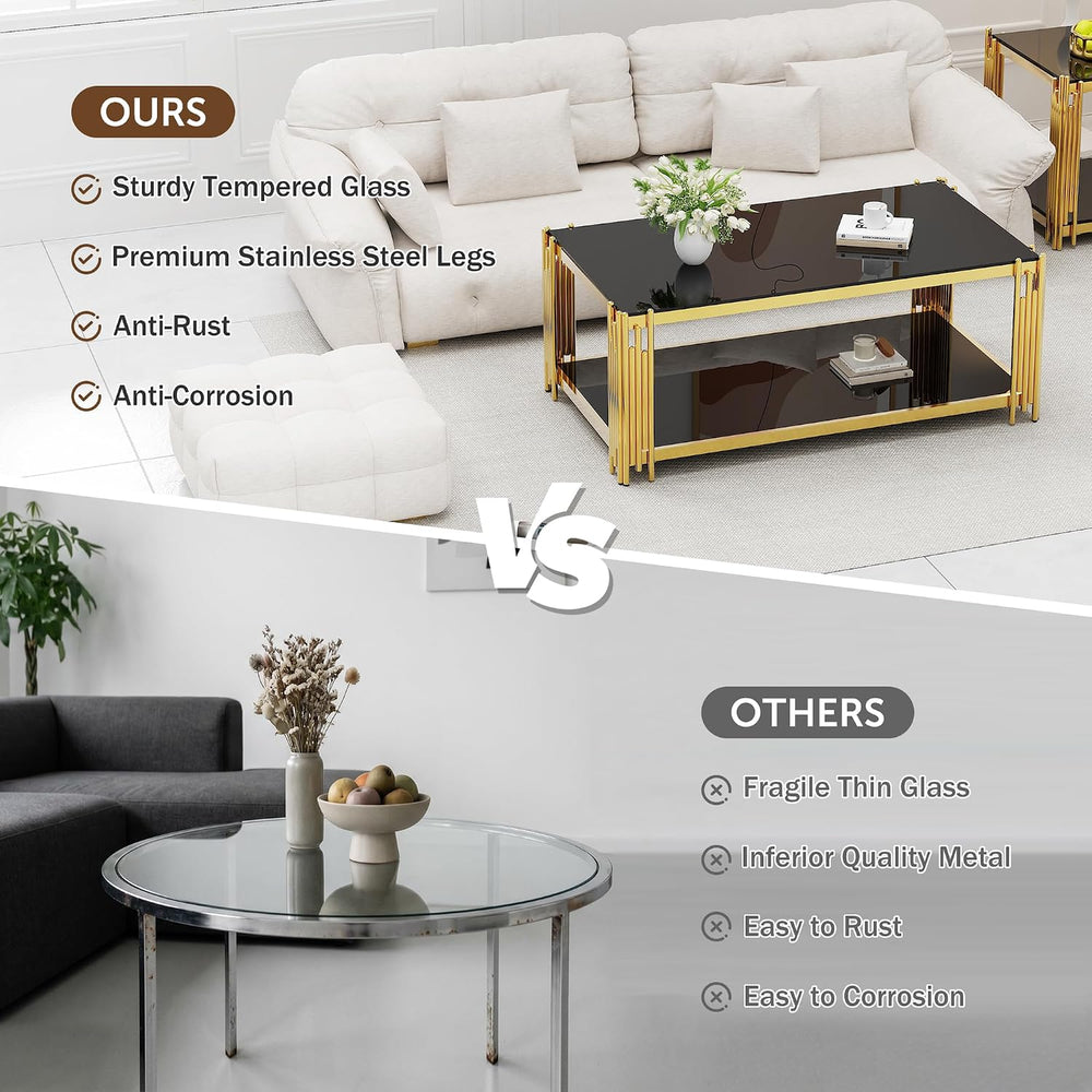 Glass Coffee Table Set of 3, End Table Modern Living Room Table Rectangle Cle...