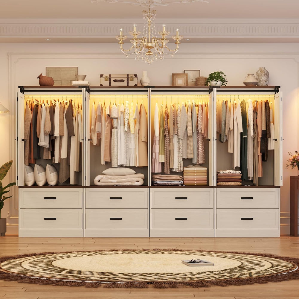 Farmhouse Wardrobe Armoire Closet with 4 Doors and 4 Drawers, 72" Wooden...