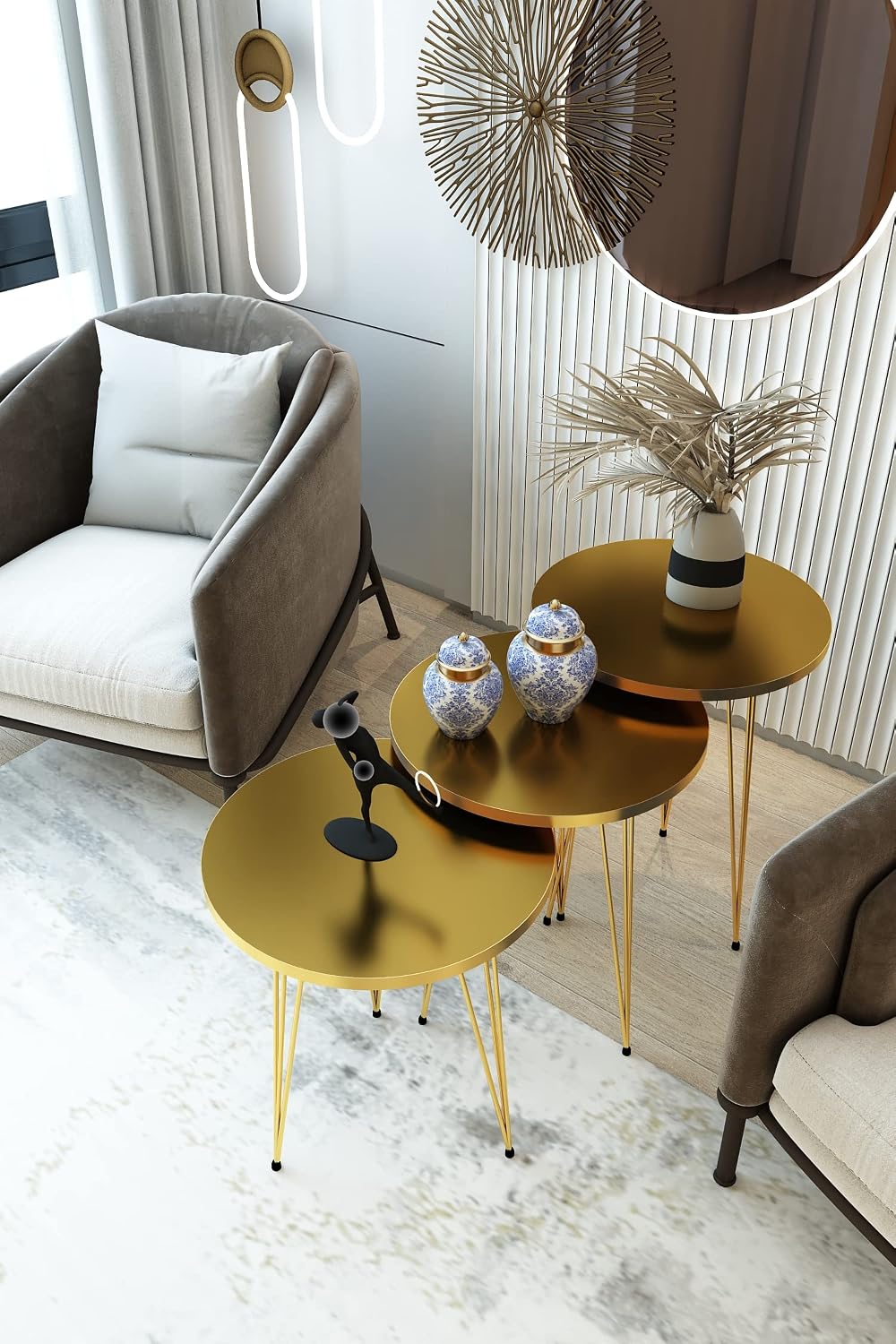 Set of 3 High Gloss Gold Nesting End Tables Round Wood Stacking Coffee Side A...