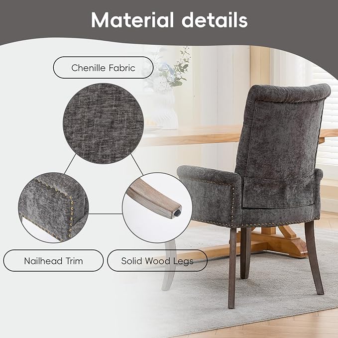 Upholstered Tufted Chenille Dining Chairs with Arms & Nailhead Trim – Sol...