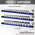 ALOANES 3-Piece Magnetic Socket Organizer, Heavy Duty Aluminum Socket Rails Organizer, 360° Swivel Clips Socket Holder Kit for Tool Box, 1/2, 3/8, 1/4-Inch Socket Holder x 40 Clips (Blue)