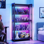 AODK Display Case with Glass Shelves, RGB Light 4-Tier Display Cabinet | Display Shelf with Open Shelf Design & Industrial Metal Mesh, Curio Cabinet for Collectibles, Black Bookcase