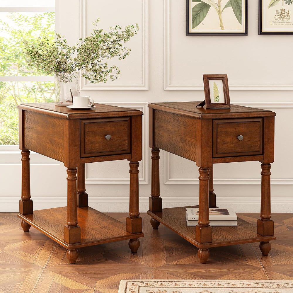 Set of 2 Narrow End Table with Drawer, 2-Tier Tables, Cherry Brown | Skinny E...