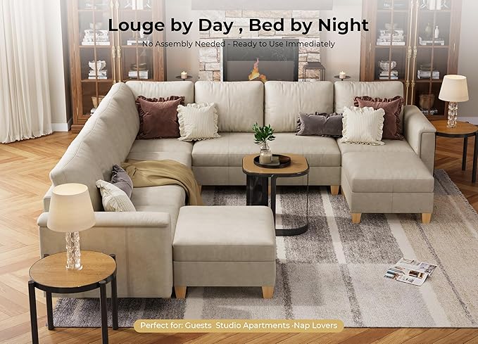 SITJOY 113" Faux Leather Modular Sectional Sofa with Storage, Mid Century Modern Sectional Couches for Living Room, Soft Padded Armrests, 9 Seat V Shaped Sectional Couch with Chaise, Greige