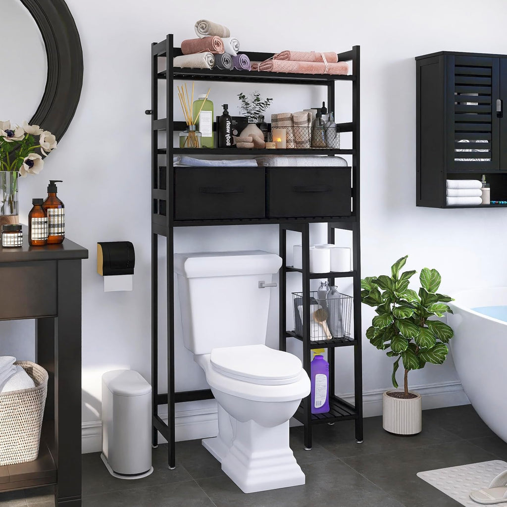 SMIBUY Over-The-Toilet Storage Rack, 6-Tier Bamboo Large Bathroom Organizer with Side Shelves and 2 Drawers, Stable Freestanding Space Saver for Bathroom, Laundry Room(Black)