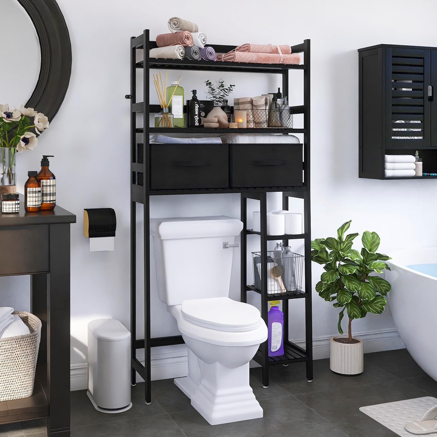SMIBUY Over-The-Toilet Storage Rack, 6-Tier Bamboo Large Bathroom Organizer with Side Shelves and 2 Drawers, Stable Freestanding Space Saver for Bathroom, Laundry Room(Black)