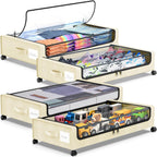 Under Bed Storage with Wheels, 4-Pack UnderBed Storage Containers with Clear Lids, Under Bed Shoe Storage Organizer, Rolling Under Bed Storage for Clothes Shoes Blankets (Beige)