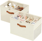 Shoe Organizer for Closet, 2 Pack Foldable Shoe Storage Organizer with Adjustable Dividers, Shoe Storage Box with Clear Cover, Fits up to 16 Pairs, Beige