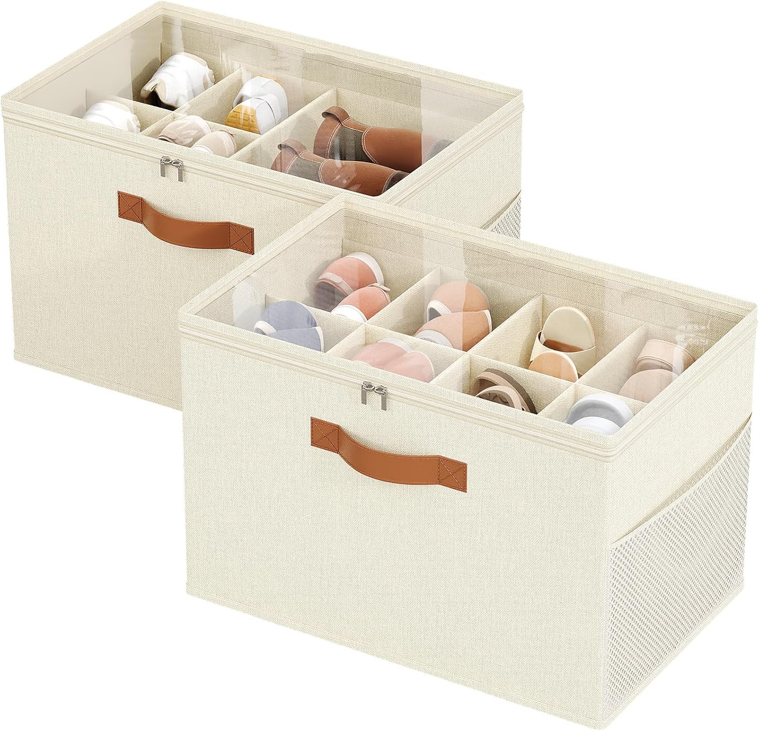 Shoe Organizer for Closet, 2 Pack Foldable Shoe Storage Organizer with Adjustable Dividers, Shoe Storage Box with Clear Cover, Fits up to 16 Pairs, Beige