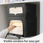 FHSQX 3 Pack Clothes Storage Bins Foldable Metal Frame Storage Box Stackable Linen Fabric Organizer Set with Carrying Handles and Clear Window (Black, 15.7x11.8x7.8inch(22L))