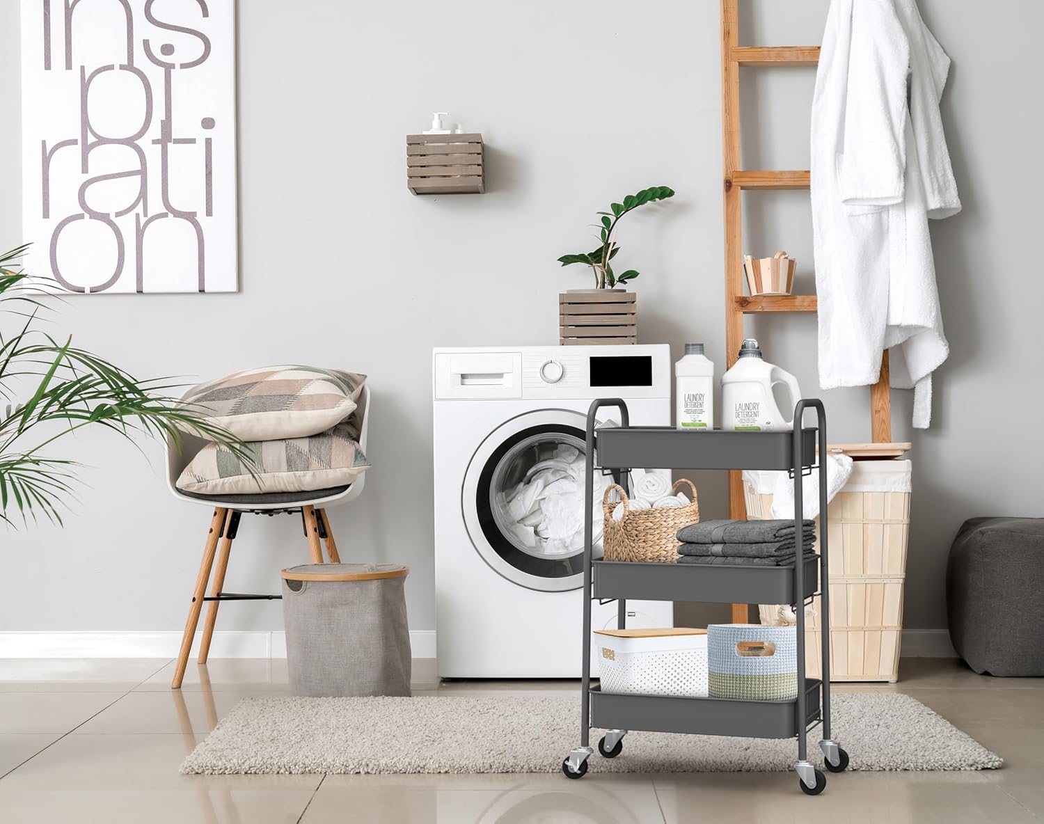 CAXXA 3-Tier Rolling Metal Storage Organizer - Mobile Utility Cart with Caster Wheels, Gray