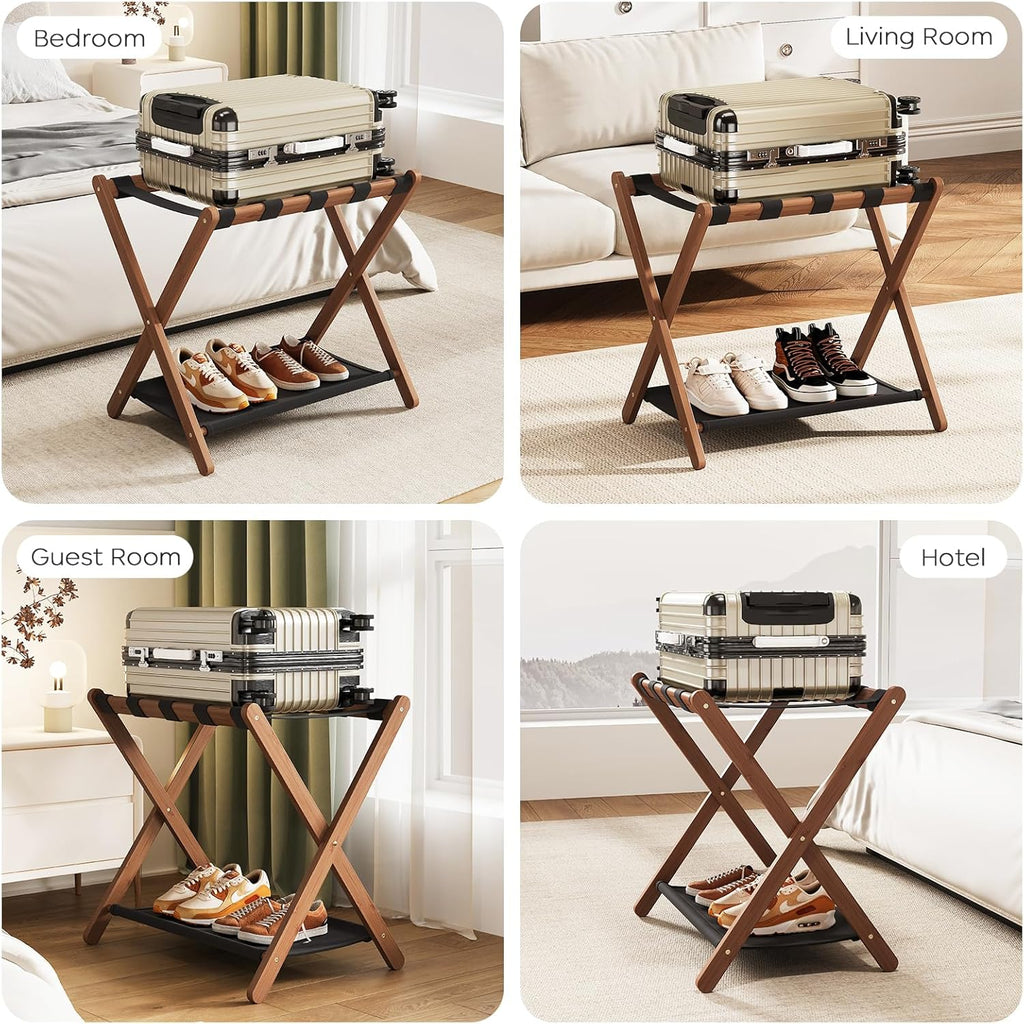Fully Assembled Walnut Luggage Racks Set of 2, Bamboo 26.77" Luggage Rack Stand for Guest Room, 5 Nylon Straps, Foldable Suitcase Stand with Storage Shelf for Bedroom Hotel, Holds up to 165 Lbs