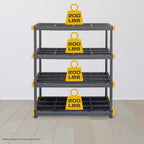 Black & Yellow, 4-Tier Heavy Duty Plastic Storage Shelving Unit, 200lbs/shelf (55H x 48W x 20D), for Indoor/Outdoor Organization, Modular Rack
