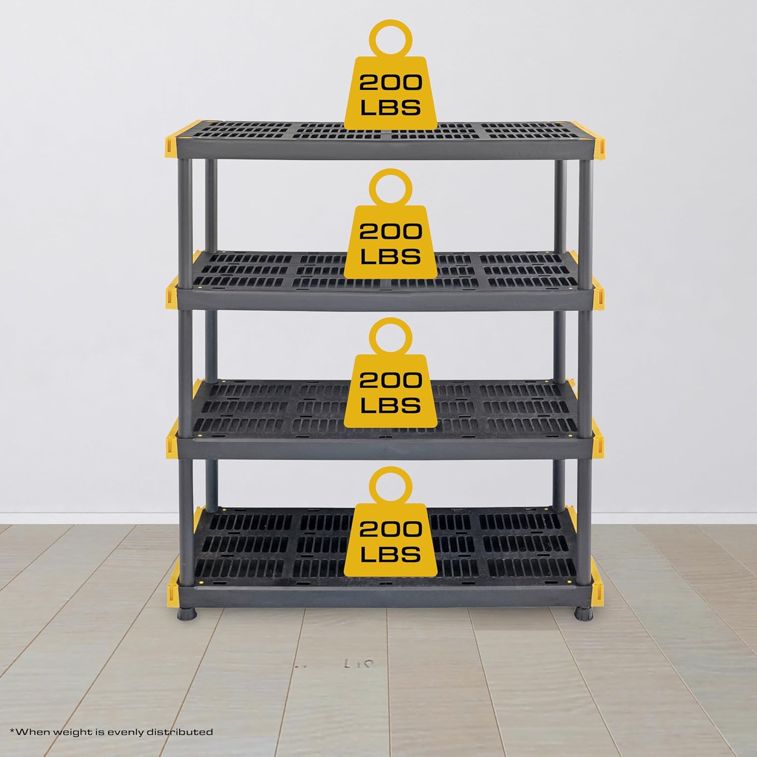 Black & Yellow, 4-Tier Heavy Duty Plastic Storage Shelving Unit, 200lbs/shelf (55H x 48W x 20D), for Indoor/Outdoor Organization, Modular Rack