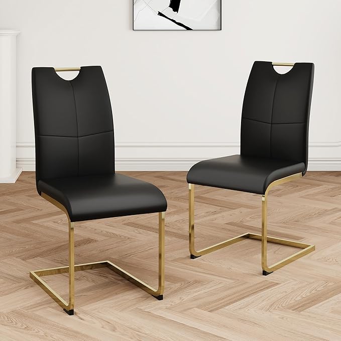 Goujxcy Dining Chairs Set of 2, Modern High Back Kitchen Chairs with Metal Legs and Faux Leather Padded Seat Upholstered Dining Chairs for Dining & Kitchen,Living Room (Black&Gold, Set of 2)
