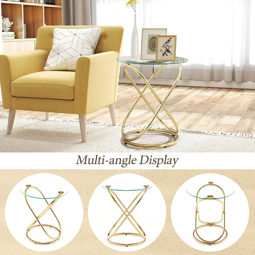 BECHAEO 19.7" Round Glass Gold Side Table with Gold-Plated Metal Ring-Sh...