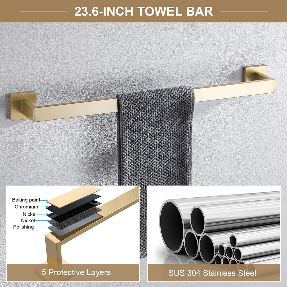 TQKAG 6-Piece Bathroom Towel Bar Sets Brushed Gold 23.6 inch Towel Bar Stainl...