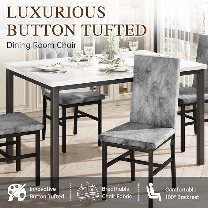Hooseng Dining Table Set for 4, Faux Marble Small Kitchen Table Chairs Set of 4 with Luxurious Button Tufted Dinner Chairs for Kitchen and Dining