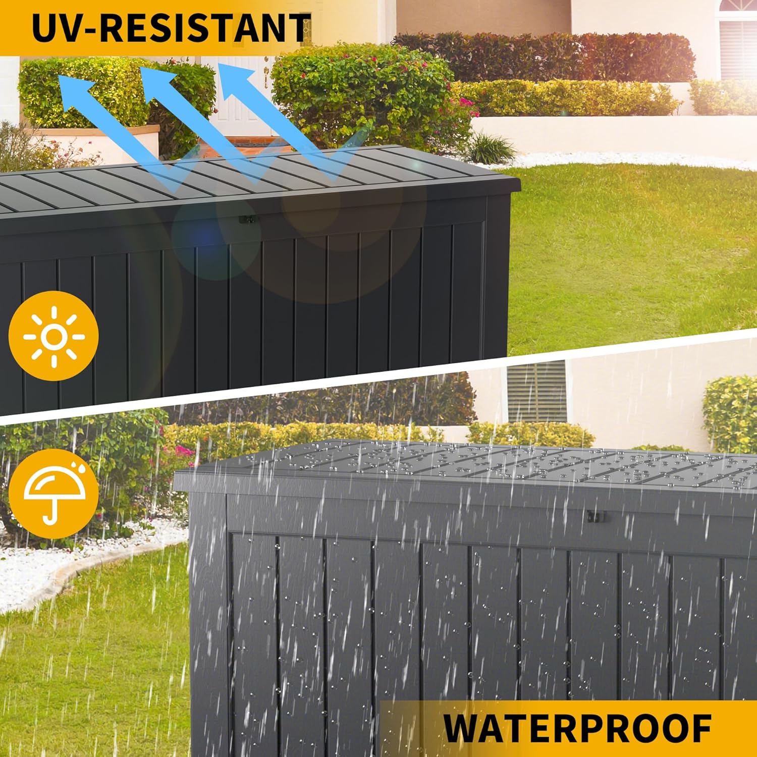 150 Gallon Outdoor Storage Box Waterproof Lockable Resin Deck Box Large, Patio Storage Bin for Pool Accessories Cushion Furniture, Garden Tools, UV-Resistant Outside Delivery Black