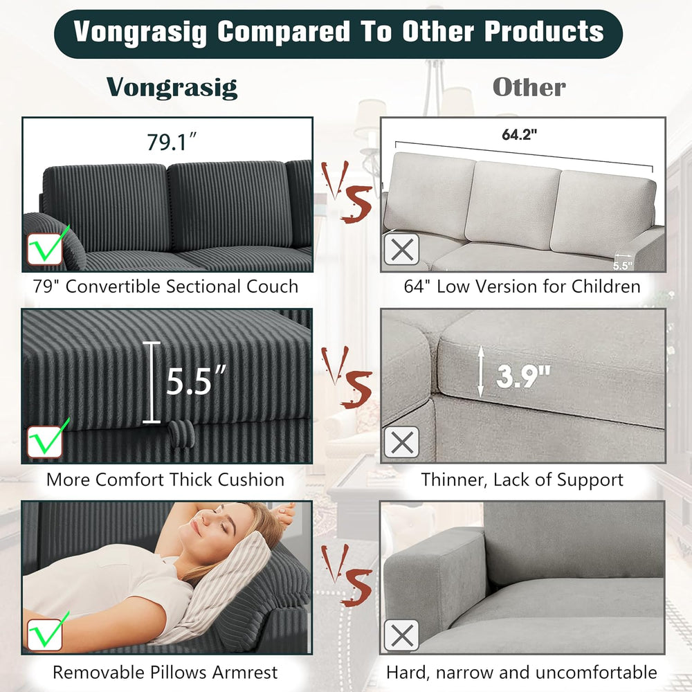 Vongrasig 79" Convertible Sectional Couches Sofa with Storage Ottoman, 3...