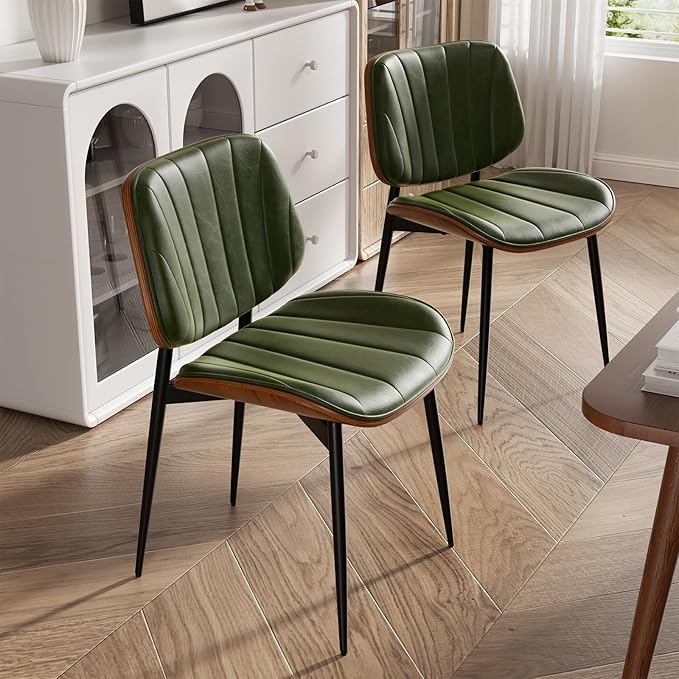 Dining Chair, Mid Century Modern Dining Room Chairs, Upholstered Faux Leather Kitchen Chairs with Walnut Bentwood Back and Metal Legs for Kitchen Dining Room Living Room, Green