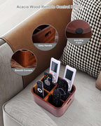 LYNG Acacia Wood Remote Control Holder Caddy, Solid Wood Organizer with 4 Adjustable Dividers & Handle, Remote Organizer for Coffee Table & Living Room