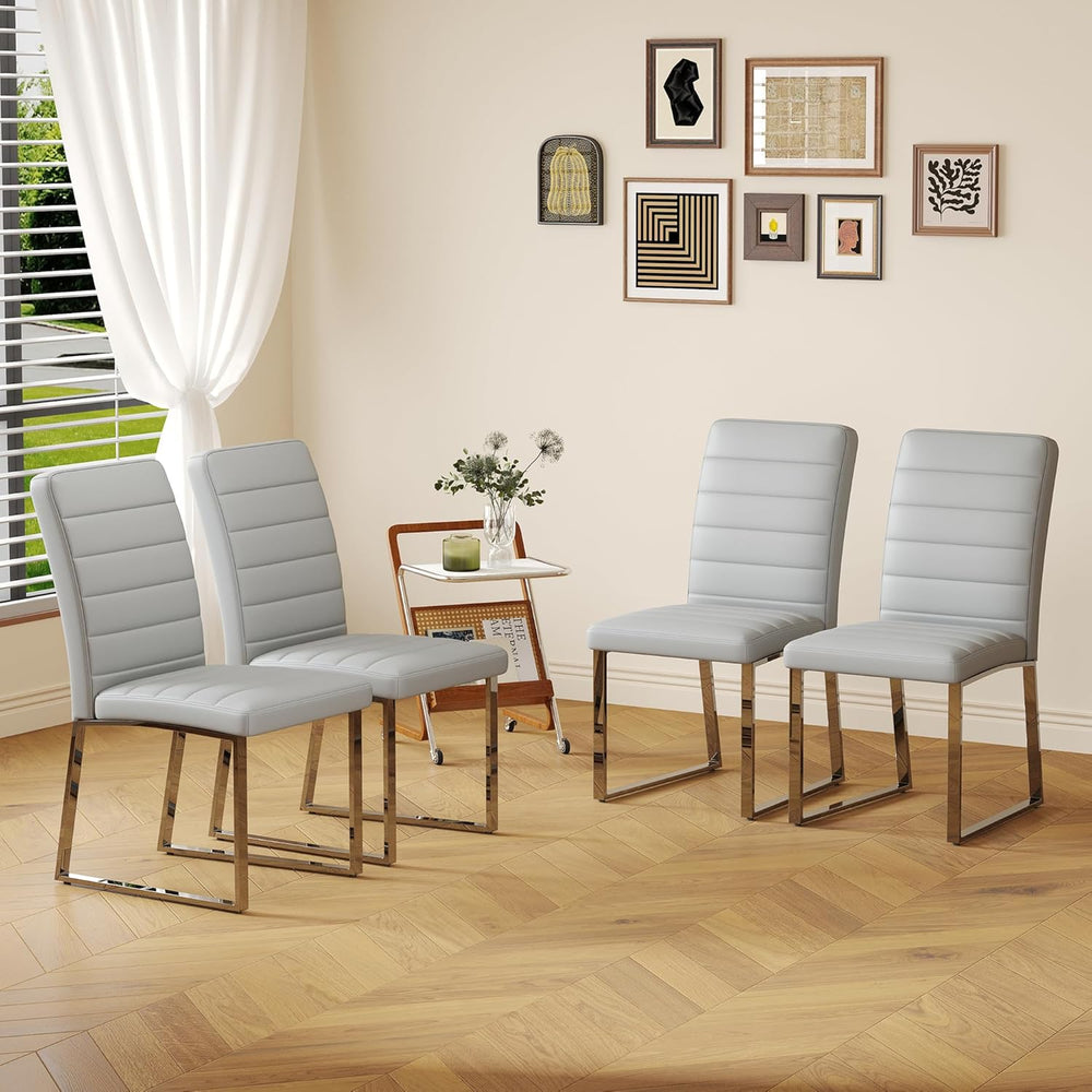 Modern Dining Chairs Set of 4, Grey Faux Leather Kitchen Chairs, Upholstered ...
