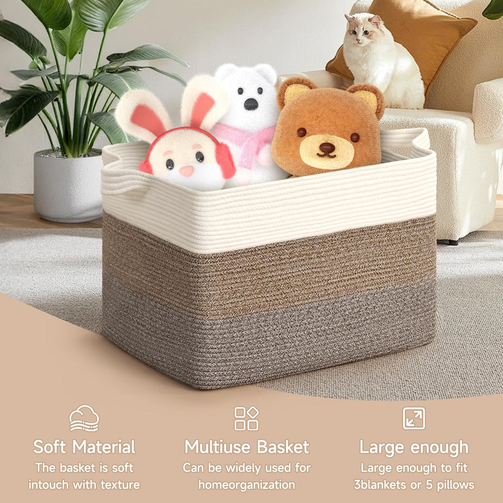 CLHMILY&Z Stylish Square Cotton Rope Storage Basket (Brown & White, 85L)