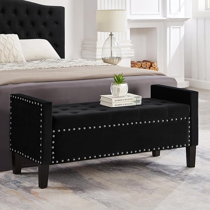 Upholstered Velvet Storage Ottoman Bench with Nail Trims,Soft Padded Seat with Armrest,for Living Room,Bedroom,Entryway,Easy to Assemble,Black