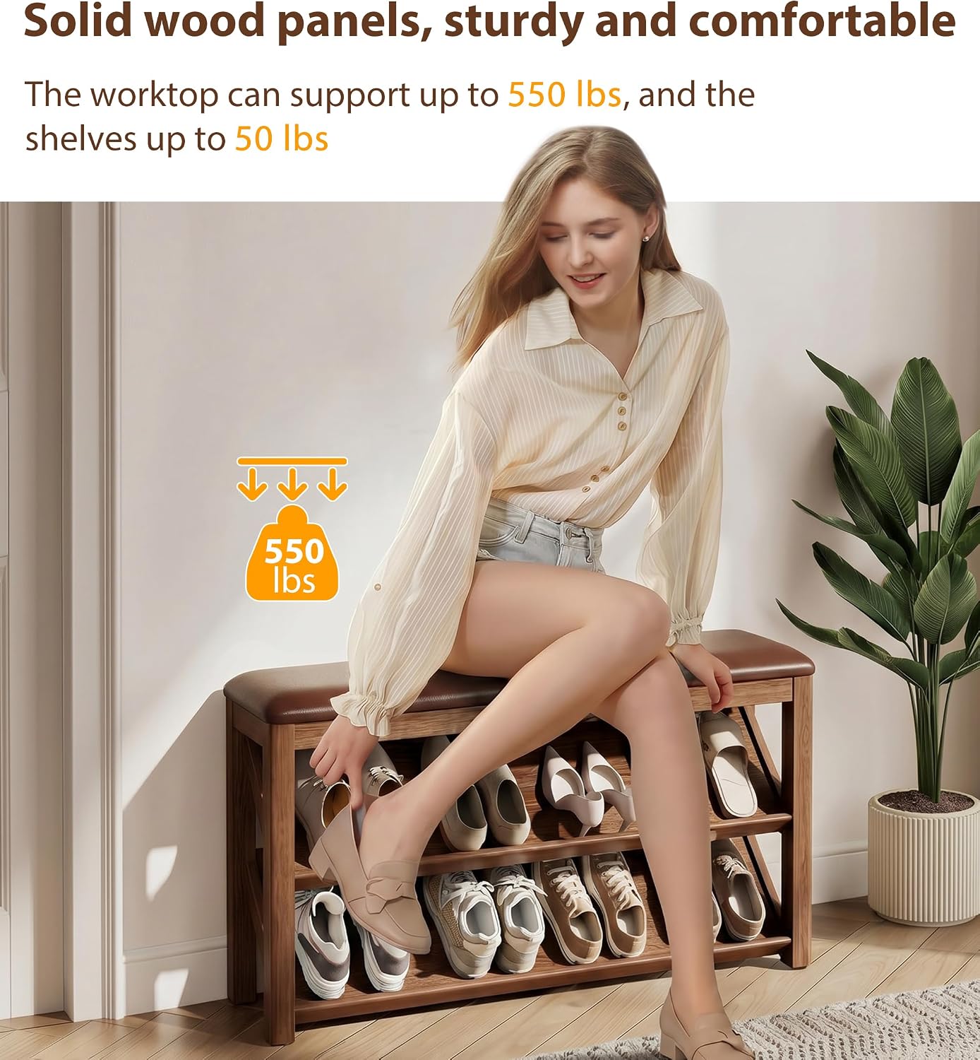 AQIMUELE Rubberwood Shoe Bench with Leather Cushion and Slanted Shelves | Solid Wood Shoe Storage Bench with 2 Tier Shelves and Anti-slip Foot Pads,Shoe Rack for Entryway,Hallway,Living Room,Walnut