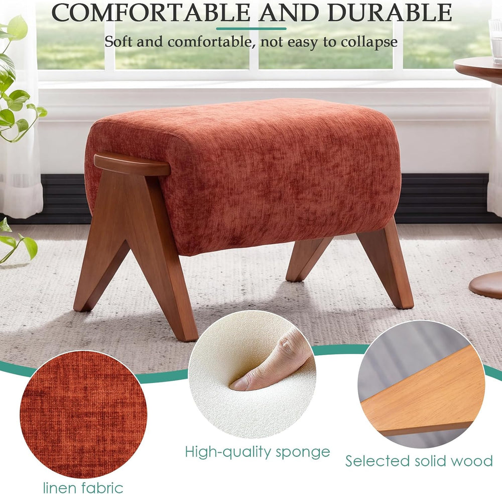 Linen Padded footstools Mid Century Modern Ottoman with Wood Frame, Lounge Up...