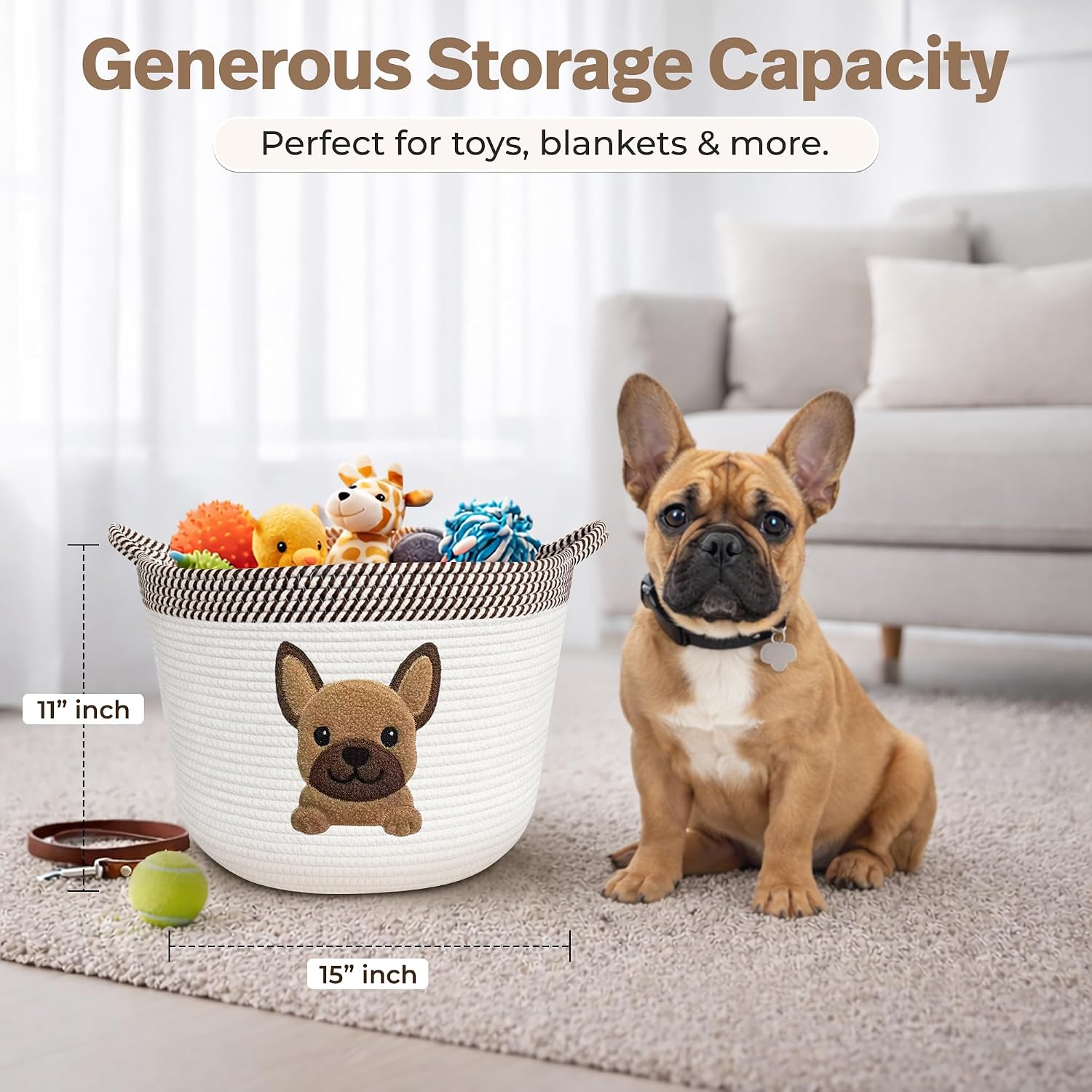 French Bulldog Dog Toy Basket, Pug and Boston Terrier, Cotton Rope Bin | Pet Toy Storage, Blanket and Leash Organizer, Soft Felt Puppy Patch, Dog Mom Gift, Living Room and Crate Side Bin, Spot Clean