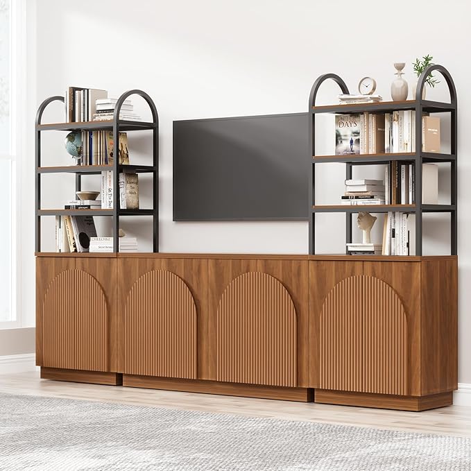 Yechen 110" Modular Entertainment Center with Bookshelves for up to 55", Mid Century Modern TV Stand with Storage, TV Cabinet with Adjustable Shelves, Living Room, Walnut Oak (3 PCS)