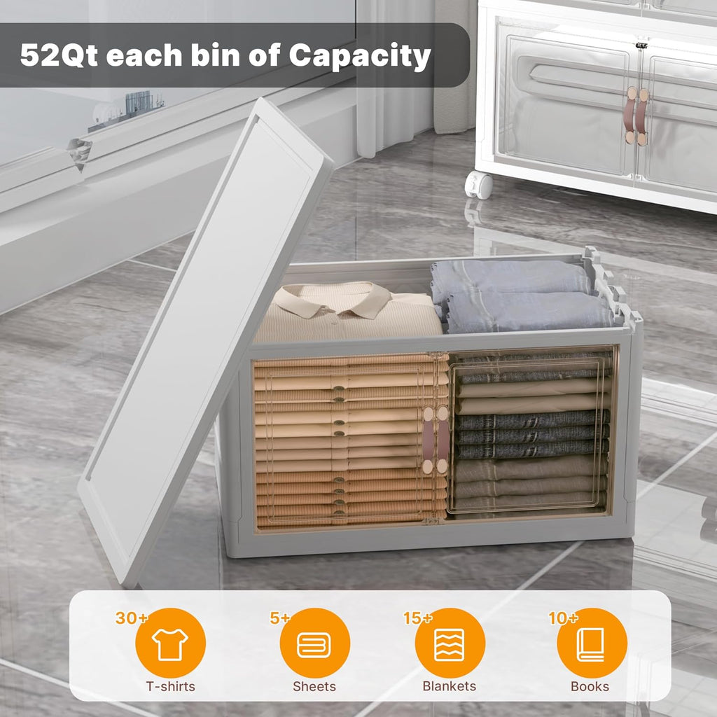 Extra Large Stackable Storage Bins with Lids & Wheels & Door, 208QT-52QT/13GAL*4Pack Foldable Collapsible Closet Organizers, Plastic containers drawers for bedroom Dorm