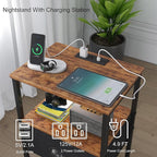 Sthmec Nightstands with Charging Station, LED Bedside Tables with Charging Station and Fabric Drawer, Night Stand with Storage, 3 Tier Side Table with Open Shelf,Nightstand Bedside Table,Rustic Brown