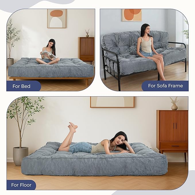 MAXYOYO 8" Futon Mattress Queen Size, Extra Thick Futons Sofa Couch Bed, Velvet Floor Mattress, Shredded Foam Filling (Frame Not Included),Dark Grey