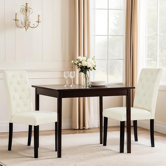 CHUN YI Dining Chairs Set of 6, Button Tufted Upholstered Fabric Dining Room Chairs with Solid Wood Legs, Modern Parsons Chair Side Chair for Kitchen/Restaurant/Hotel, Ivory White