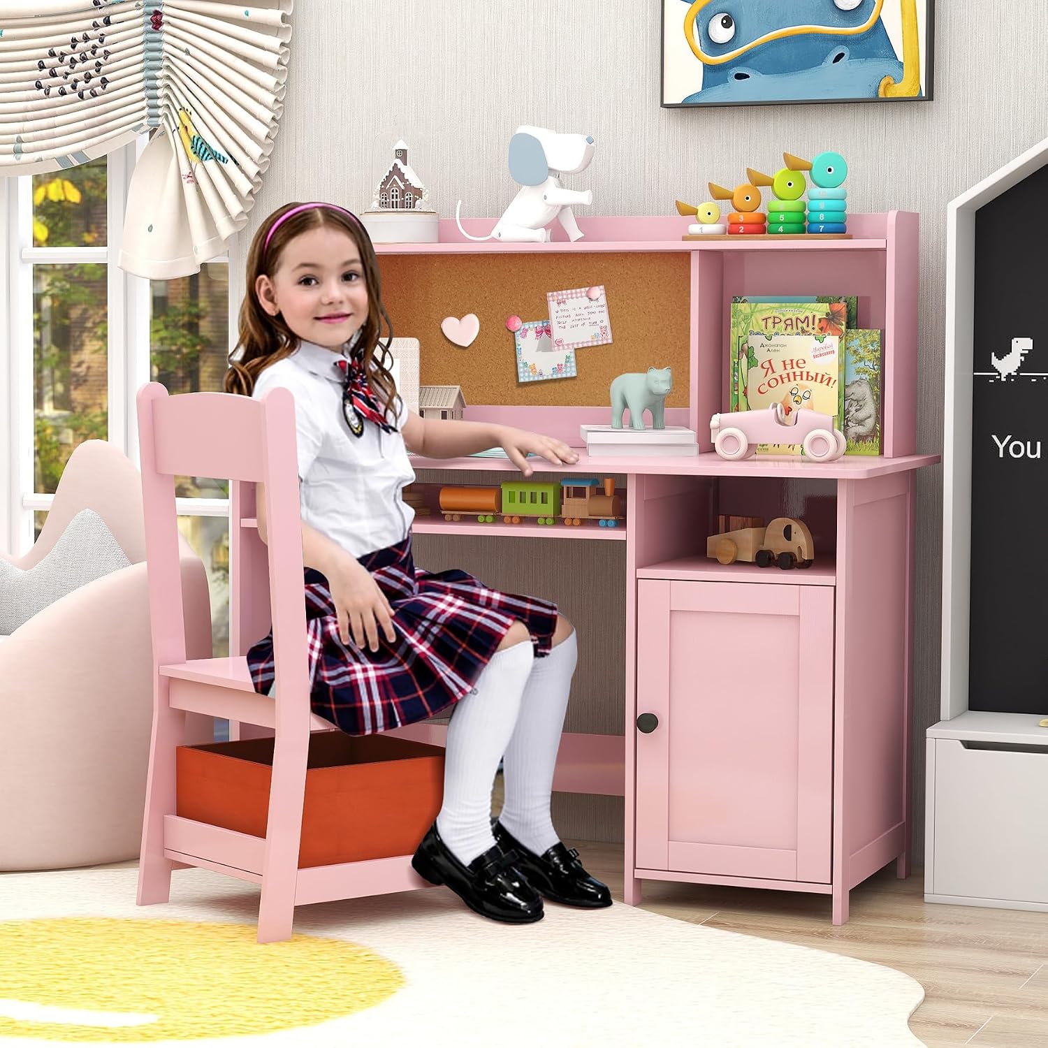 TaoHFE Pink Kids Desk and Chair Set, Kids Desk Chair with Storage and Shelf | Wooden Kids Table and Chairs for Bedroom and Study, Craft Table with Storage Gifts for Girls to Study