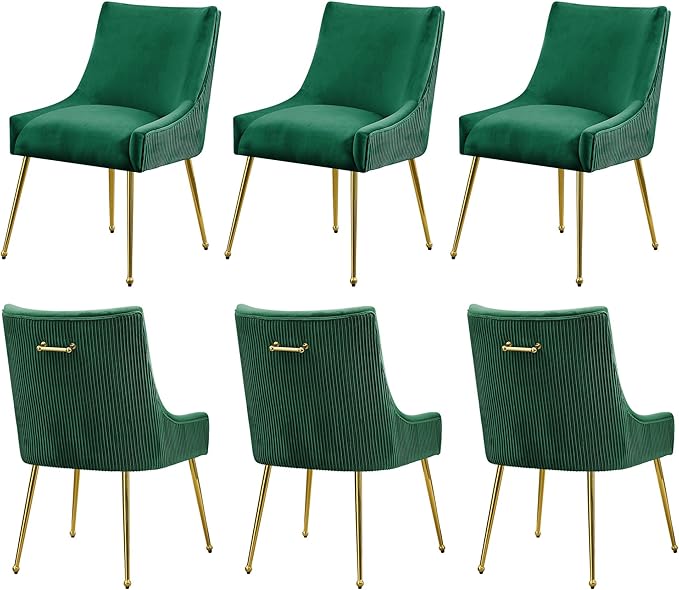 Velvet Dining Chairs Set of 6 Gold Legs,Upholstered Velvet Accent Chairs, Pleated Back Design & Gold Pull Handle, Mid Century Modern Chairs for Dining/Kitchen/Living Room,Green