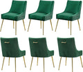 Velvet Dining Chairs Set of 6 Gold Legs,Upholstered Velvet Accent Chairs, Pleated Back Design & Gold Pull Handle, Mid Century Modern Chairs for Dining/Kitchen/Living Room,Green