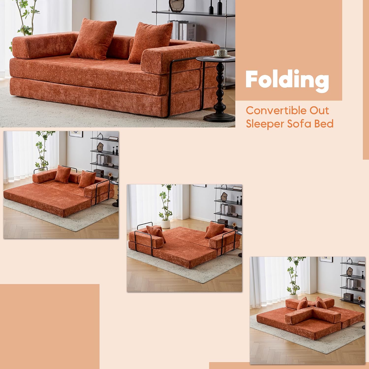 ZEIINPA Convertible Floor Sofa Bed with Fixed-Shape Frame, Modular Chenille Folding Mattress Couch with Armrest, Floor Sofa Lounge Couch for Living Room Bedroom Lounge Studio,Burnt Orange