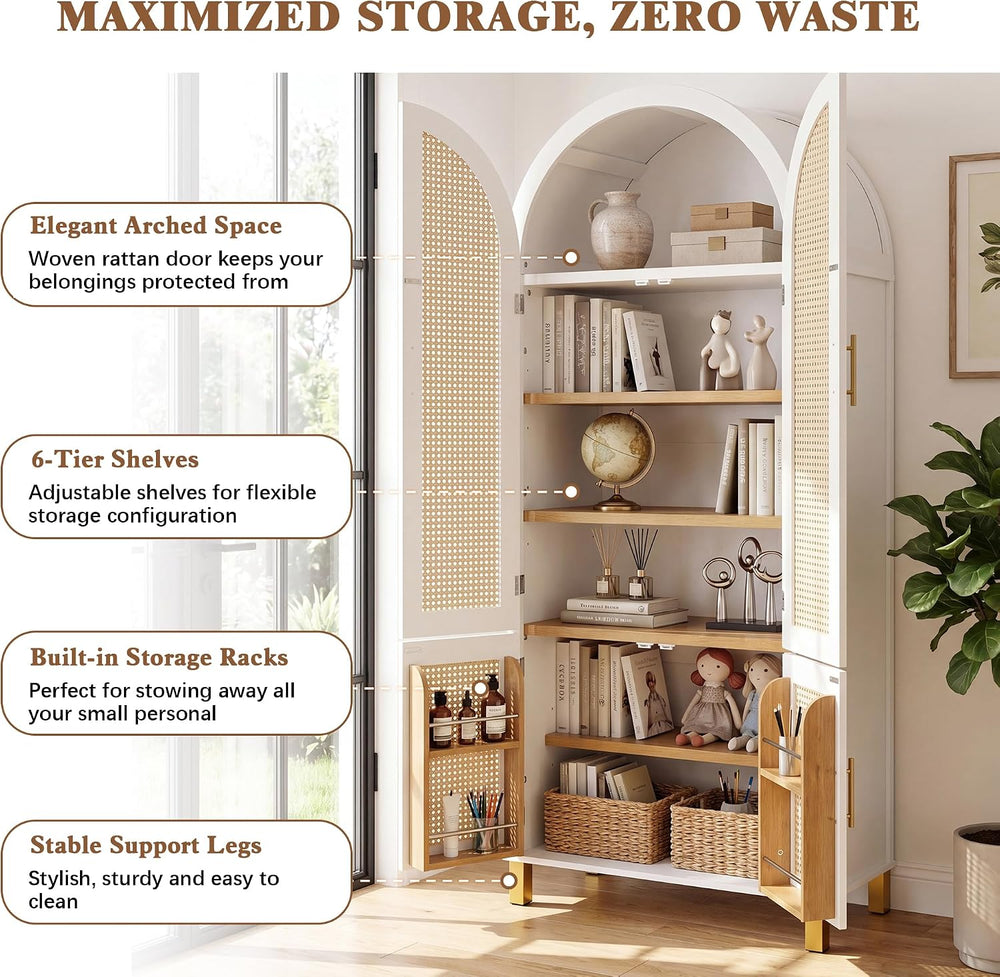 Polibi 71" Tall 4-Door Arched Cabinet, MDF Rattan Door Storage with Adju...