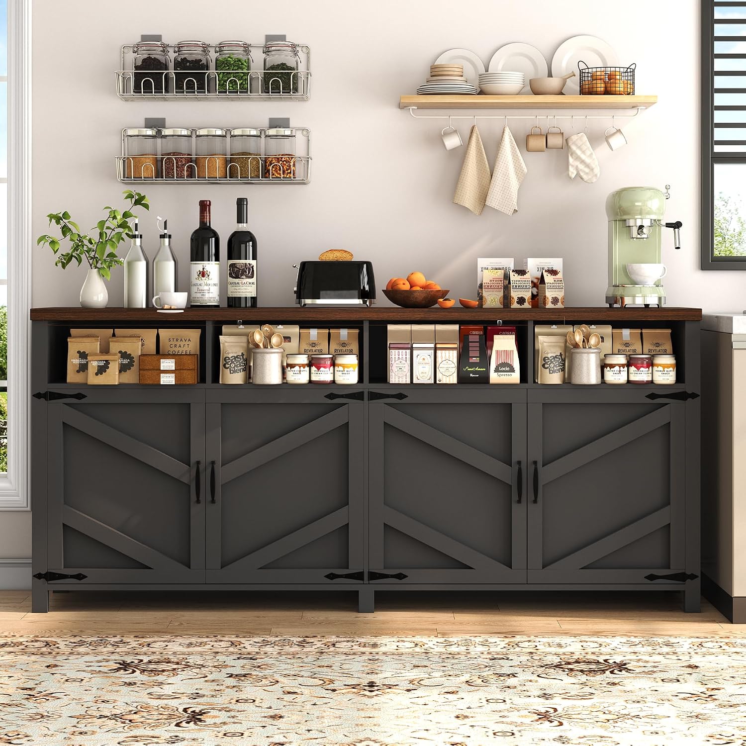 knoworld Buffet Sideboard with Storage, 63'' Large Kitchen Storage Cabinet Wood Coffee Bar Cabinet Buffet Table 4 Doors with Shelves for Kitchen, Dining Room, Entryway, Black, 63in