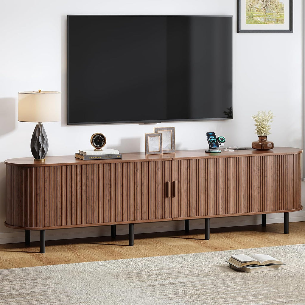 86.6" TV Stand with Power Outlet, Mid-Century Modern Television Stand, Fluted Media Console with Sliding Doors, Entertainment Center for TVs up to 90 Inch, Adjustable Shelves, Walnut