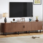 86.6" TV Stand with Power Outlet, Mid-Century Modern Television Stand, Fluted Media Console with Sliding Doors, Entertainment Center for TVs up to 90 Inch, Adjustable Shelves, Walnut