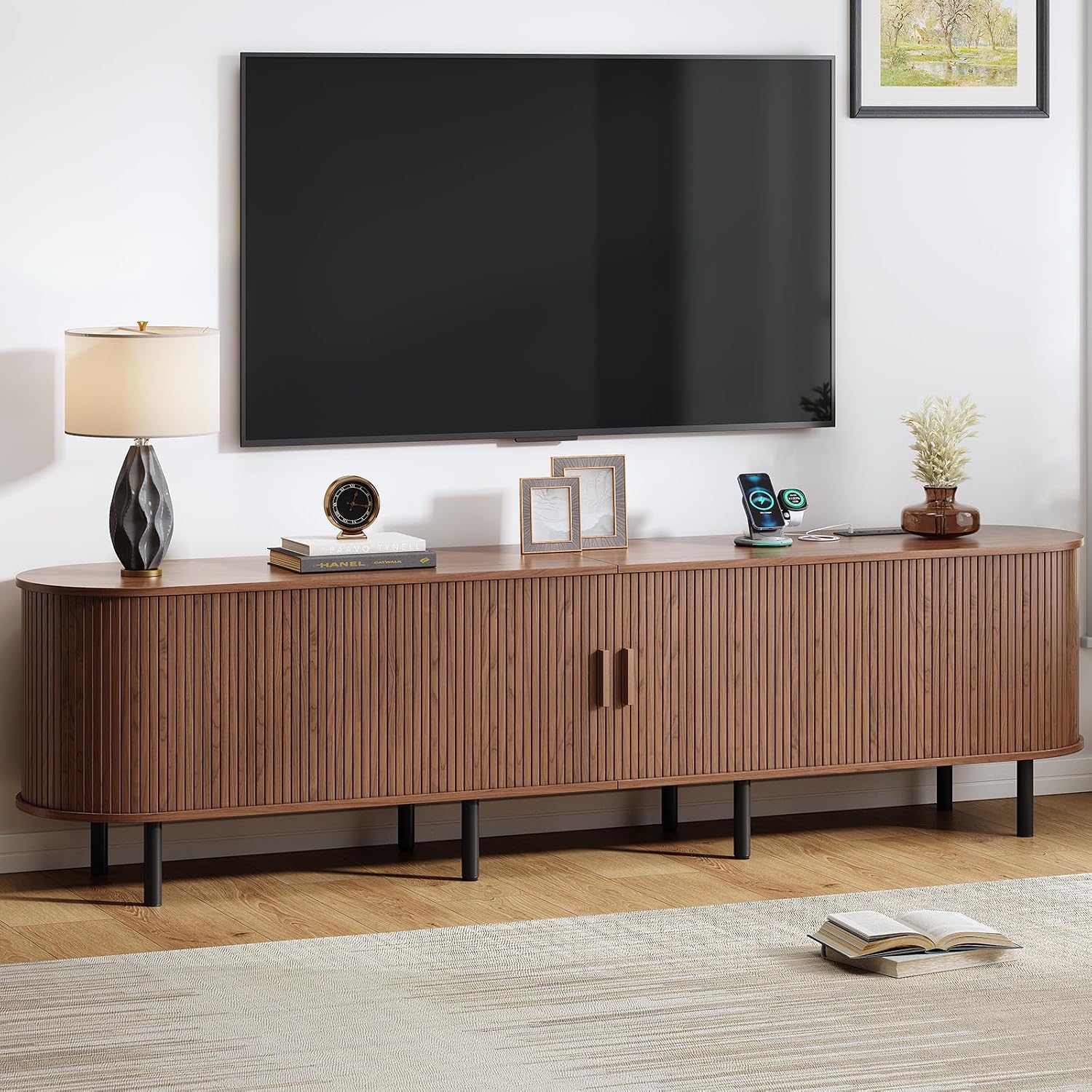 86.6" TV Stand with Power Outlet, Mid-Century Modern Television Stand, Fluted Media Console with Sliding Doors, Entertainment Center for TVs up to 90 Inch, Adjustable Shelves, Walnut